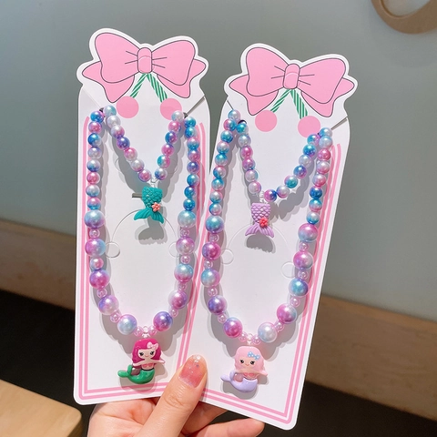 Irisierende Meerjungfrau Schmuckkombination Perlmuttperlen Halskette Und Armband Für Kinder Mädchen Regenbogen Muschel Anhänger Cartoon Schmuck