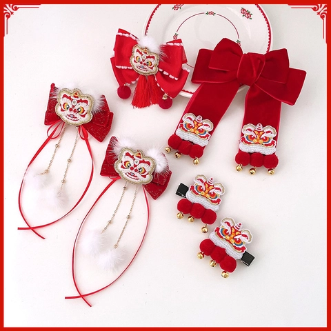 Fermagli per Capelli Bambini Stile Cinese Danza del Leone Fiocco Rosso Ricamo Nappa Campanello Accessori per Capelli Capodanno
