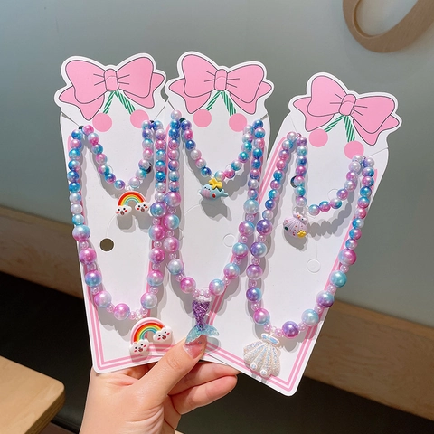 Irisierende Meerjungfrau Schmuckkombination Perlmuttperlen Halskette Und Armband Für Kinder Mädchen Regenbogen Muschel Anhänger Cartoon Schmuck