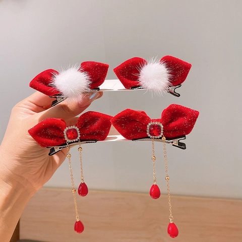 Pinzas para el Cabello con Lazo de Terciopelo Rojo para Niñas Estilo Año Nuevo Chino Borla Horquillas Strass Perla Artificial
