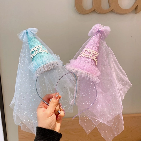 Cerchietto Festa di Compleanno Bambini Con Velo a Rete Cappello a Cono Glitter Happy Birthday Lettera Stella Paillettes Accessori