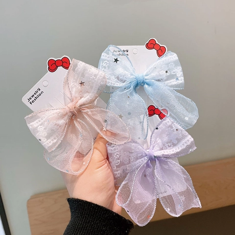 Sweet Girls Lace Mesh Bow Hair Clip With Star Moon Sequins Princess Double Layer Hair Accessories For Kids Party Daily