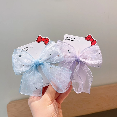Sweet Girls Lace Mesh Bow Hair Clip With Star Moon Sequins Princess Double Layer Hair Accessories For Kids Party Daily