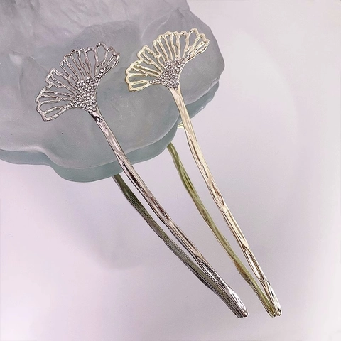 Vintage Ginkgo Leaf Hair Stick For Women Elegant Gold Silver Color Alloy Artificial Pearl Rhinestone Hairpin Accessories