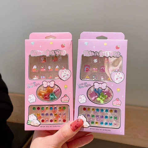 Kids Fun Cartoon Nail Stickers Accessories Kit Bunny Strawberry Fruit DIY Self Adhesive Nail Art Mini Claw Clips Rhinestones For Children Girls Decoration