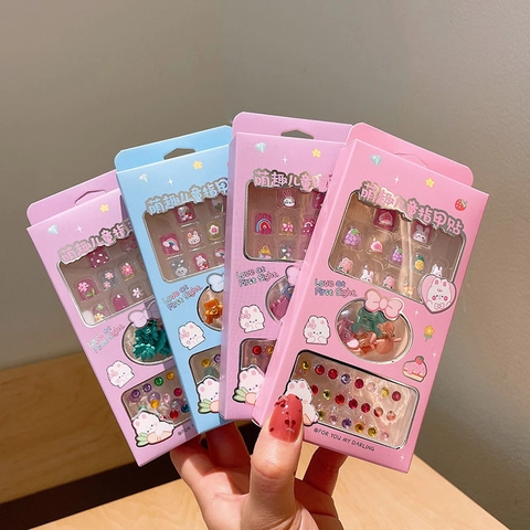 Kids Fun Cartoon Nail Stickers Accessories Kit Bunny Strawberry Fruit DIY Self Adhesive Nail Art Mini Claw Clips Rhinestones For Children Girls Decoration