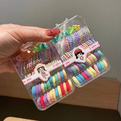 Macaron Color Kids Hair Accessories High Elastic Hair Ties And Mini Hair Clips Plastic Storage Box Girls Cartoon Headwear