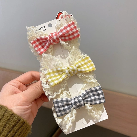 Kinder Meisjes Zoete Ruitjes Stof Kant Strik Haarspeldjes Handgemaakte Krokodillenklem Pony Clips Hoofddeksels