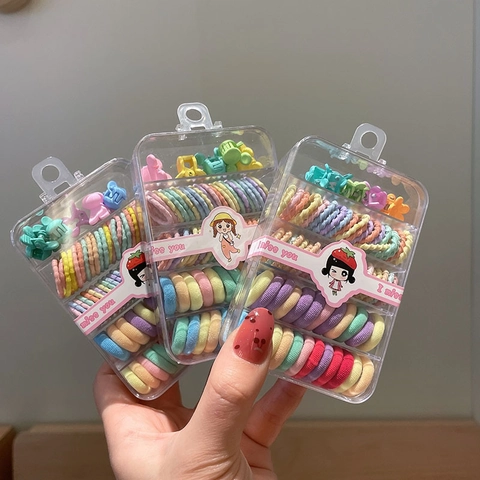 Macaron Color Kids Hair Accessories High Elastic Hair Ties And Mini Hair Clips Plastic Storage Box Girls Cartoon Headwear