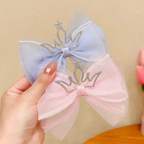 Pinza para el Pelo Con Lazo de Malla para Niños Con Corona de Strass Y Perla Artificial Accesorios para el Cabello Niña