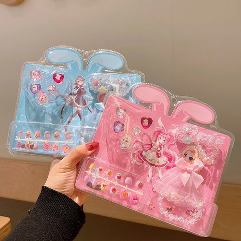 Kids Girls Jewelry And Press On Nail Sticker Set Cartoon Princess Rings Bracelets Waterproof Fashion Beauty Toy Gift