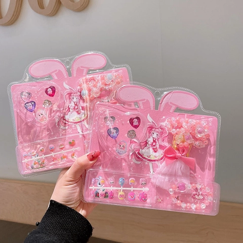 Kids Girls Jewelry And Press On Nail Sticker Set Cartoon Princess Rings Bracelets Waterproof Fashion Beauty Toy Gift