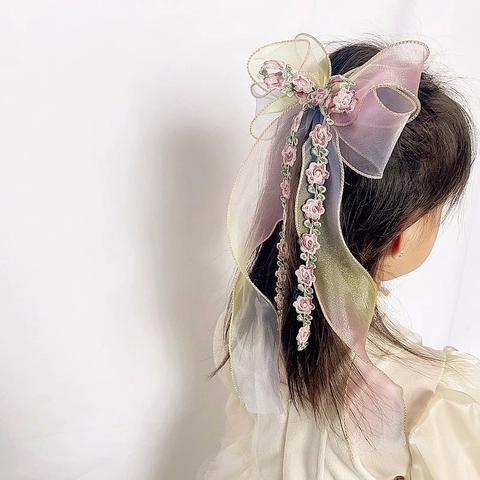 Girls Embroidered Mesh Bow Hair Clip With Long Ribbon Sweet Princess Veil Hair Accessory Gradient Floral Hairpin For Kids
