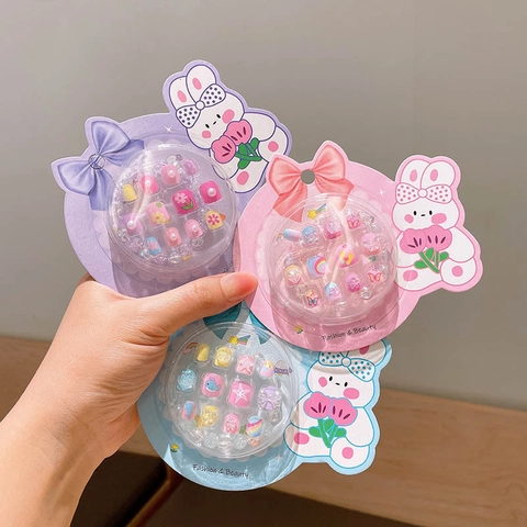 Set di Unghie a Pressione per Bambini Ragazze Cartone Animato Frutta Arcobaleno Unghie Artificiali Regalo Con Bracciale