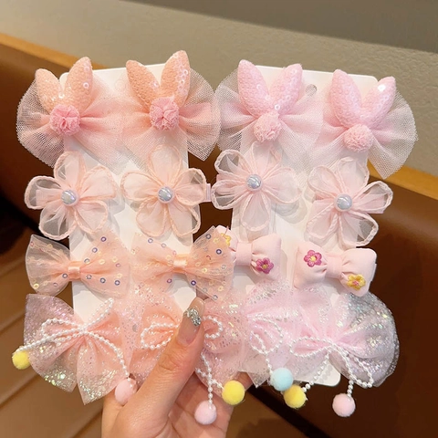 Kids Bow Hair Clip Set For Girls Cute Sequin Mesh Flower Hairpins With Artificial Pearl Sweet Princess Hair Accessories Gift