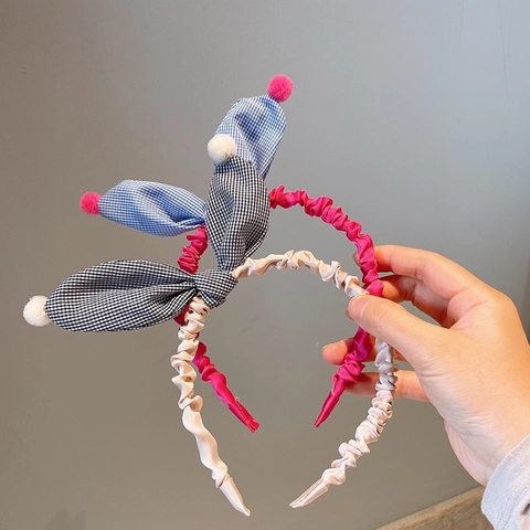 Cerchietto per Capelli con Orecchie di Coniglio a Quadretti per Bambini Fiocco Gingham Pom Pom Accessorio in Tessuto Morbido per Ragazze