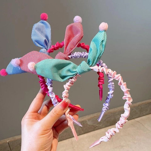 Cerchietto per Capelli con Orecchie di Coniglio a Quadretti per Bambini Fiocco Gingham Pom Pom Accessorio in Tessuto Morbido per Ragazze