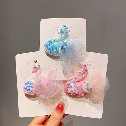 Simpatici Fermagli per Capelli a Forma di Cigno in Rete con Paillettes e Corona d'Oro per Bambina Principessa Gioielli per Capelli