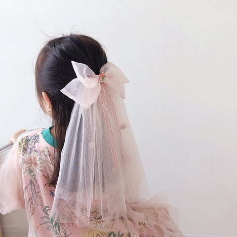 Pinza para el Cabello de Lazo de Malla Grande para Niñas Con Velo Largo Flor Bordada Dulce Princesa Horquilla Boda Fiesta Accesorios para el Cabello