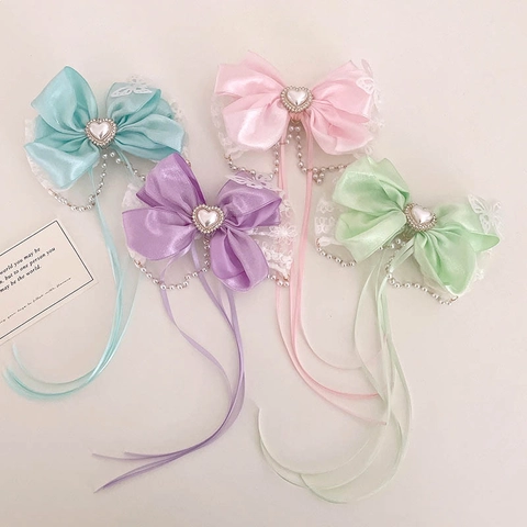 Barrette Cheveux Nœud de Fée pour Filles Papillon en Dentelle de Satin Long Ruban Frange Cœur Künstliche Perle Strass Accessoires Doux