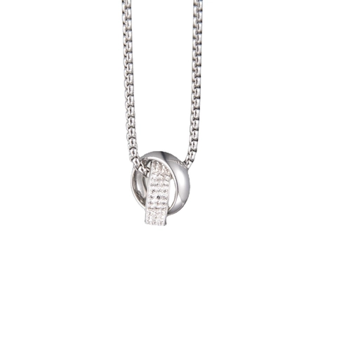 Collier Pendentif Double Anneau Entrelacé en Acier Titane Argent Strass Chaîne de Perles Artificielles Bijoux Hip Hop pour Hommes Femmes