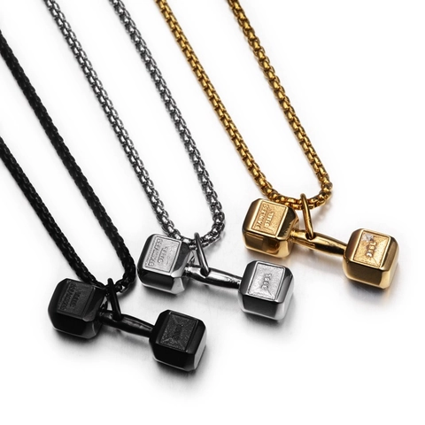 Stainless Steel Dumbbell Pendant Necklace For Men Women Fitness Hip Hop Street Gym Jewelry Gold Silver Black Dumbbell Necklace