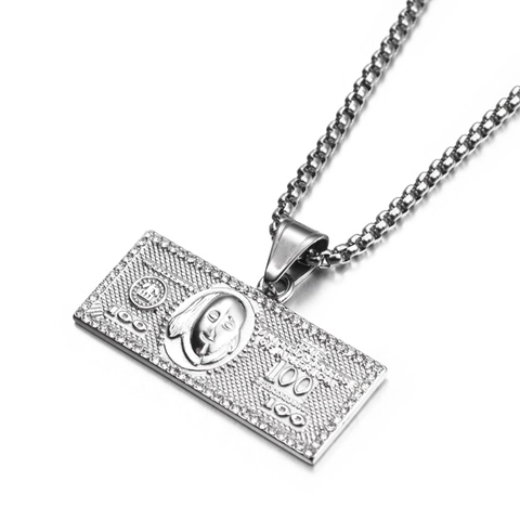 Piccolo Ciondolo Banconota da 100 Dollari Collana Acciaio Inossidabile Hiphop Gioielli Uomo Donna Strass Catena Box Streetwear