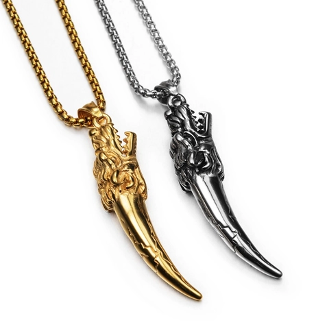 Retro Stainless Steel Dragon Head Wolf Tooth Pendant Necklace Hiphop Punk Rock Animal Jewelry For Men Women Daily Accessory