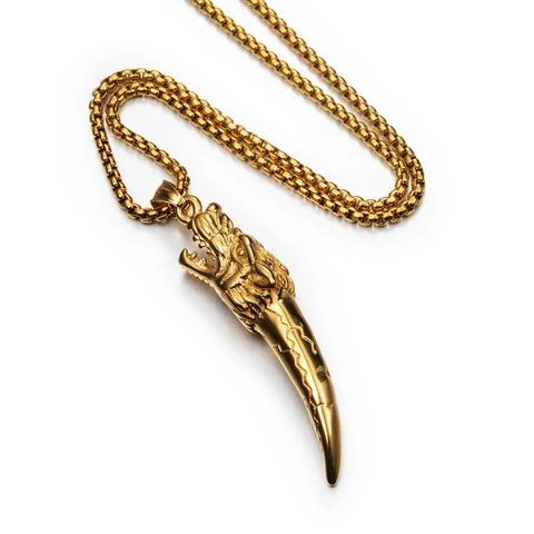 Retro Stainless Steel Dragon Head Wolf Tooth Pendant Necklace Hiphop Punk Rock Animal Jewelry For Men Women Daily Accessory