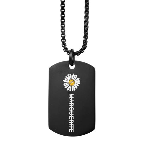 Collana Dog Tag Nera in Acciaio al Titanio Hip Hop per Uomo Donna Ciondolo Margherita Marguerite Lettera Gioielli Street Style