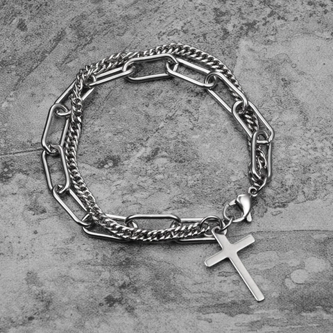 Bracciale a Doppio Strato in Acciaio al Titanio Hiphop Industriale Ciondolo a Croce Lucido Gioielli Punk Street per Uomo Donna