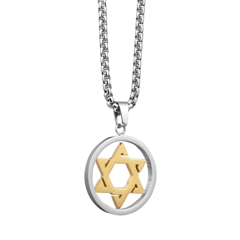 Hiphop Titanium Steel Star of David Hexagram Pendant Necklace Bi-Color Gold Silver Geometric Round Ring Necklace For Men Women