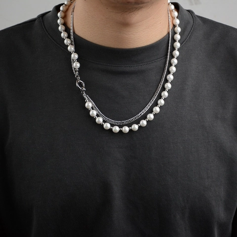 Collar de Acero Inoxidable y Perla Artificial Hip Hop para Hombre Mujer Cadena de Doble Capa Joyería de Moda