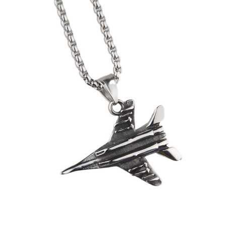 Collier Pendentif Avion de Chasse en Acier Inoxydable Hip Hop Punk Style Militaire Bijoux en Argent Pour Hommes Femmes