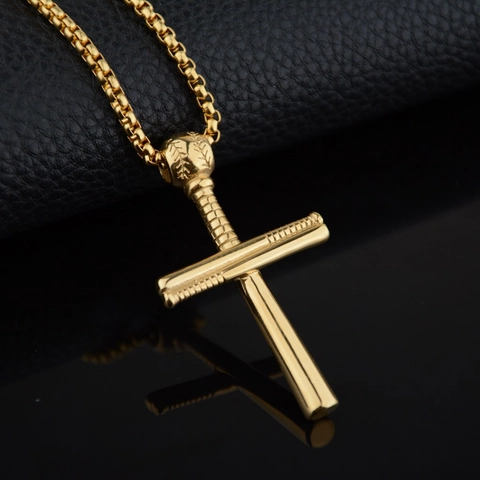Collier Pendentif Croix de Baseball en Acier au Titane Hip Hop pour Hommes Garçons Style Sportif Batte de Baseball Bijoux Mode