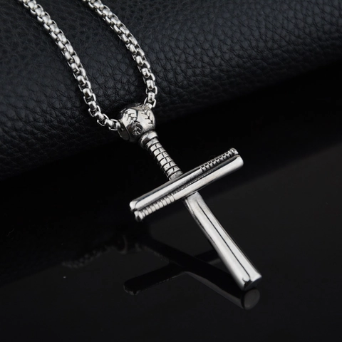 Collier Pendentif Croix de Baseball en Acier au Titane Hip Hop pour Hommes Garçons Style Sportif Batte de Baseball Bijoux Mode