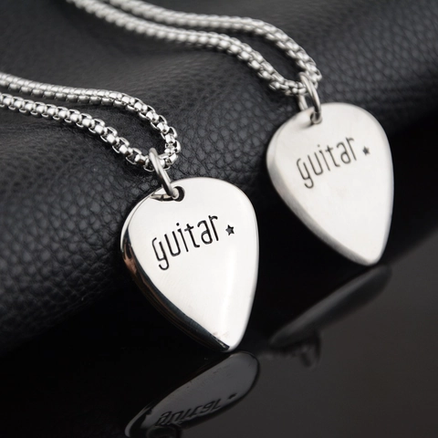 Hip Hop Titanium Steel Guitar Pick Pendant Necklace Minimalist Music Jewelry For Men Women Silver Gray Star Engraved Lettering Pendant Necklace