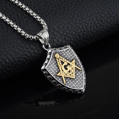 Collier Pendentif Bouclier Franc-Maçonnerie Rétro pour Homme Acier Inoxydable Acier Titane Bijoux Hip Hop Symbole Maçonnique Lettre G Pendentif Collier Cadeau