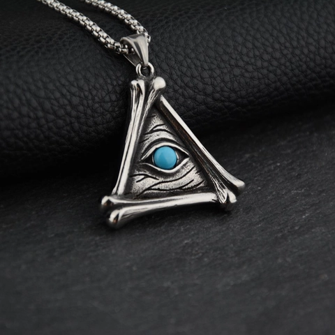 Vintage Gothic All Seeing Eye Pendant Necklace Stainless Steel Titanium Bone Texture Triangle Blue Stone Punk Jewelry For Men Women