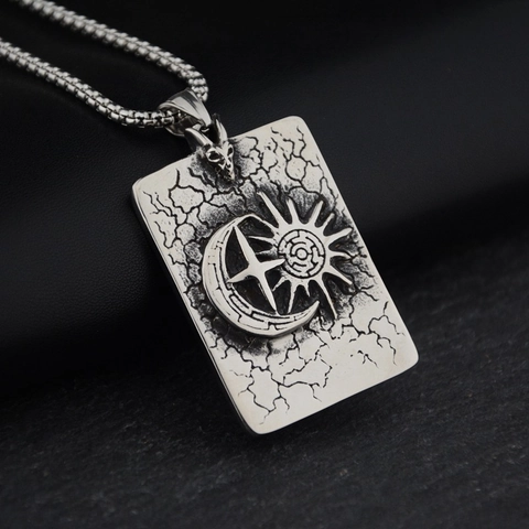 Sun Moon Evil Eye Stainless Steel Pendant Necklace Gothic Punk Hip Hop Blue Rhinestone Cracked Square Medallion For Men Women
