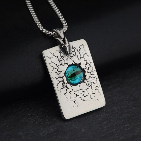 Sun Moon Evil Eye Stainless Steel Pendant Necklace Gothic Punk Hip Hop Blue Rhinestone Cracked Square Medallion For Men Women