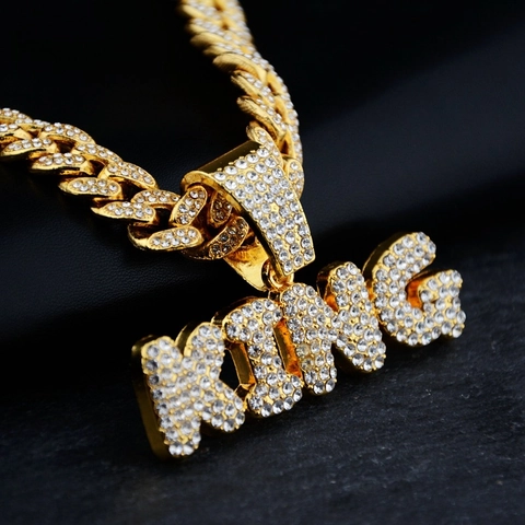 Collar Hip Hop Iced Out Con Colgante De Letra King Aleación Chapada En Oro Cadena De Eslabón Cubano Con Strass Joyería Streetwear Hombre