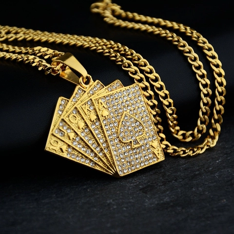 Stainless Steel Royal Flush Poker Card Pendant Necklace For Men Women Hip Hop Iced Out Rhinestone Cuban Chain Gold Jewelry