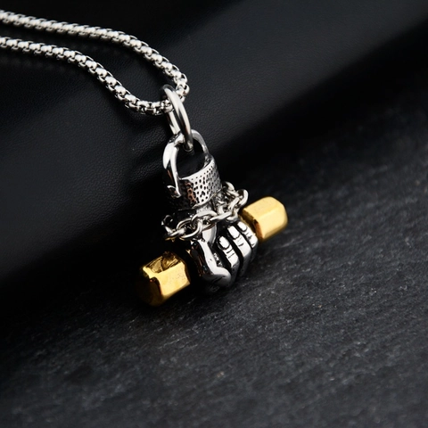 Hiphop Titanium Steel Dumbbell Fist Pendant Necklace For Men Women Gold Silver Plated Industrial Power Fitness Jewelry