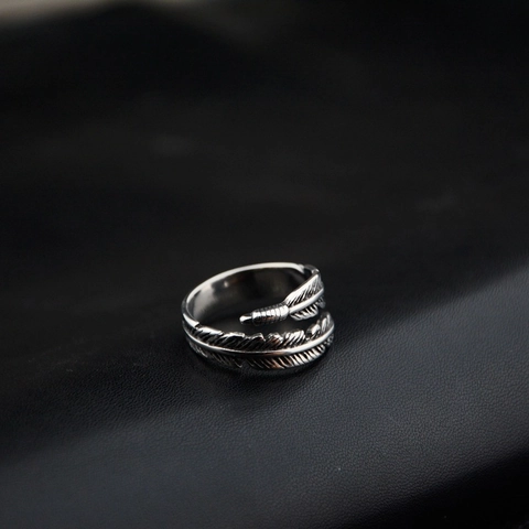 Stainless Steel Feather Adjustable Ring For Men Women Vintage Punk Hip Hop Retro Distressed Silver Open Wrap Finger Ring