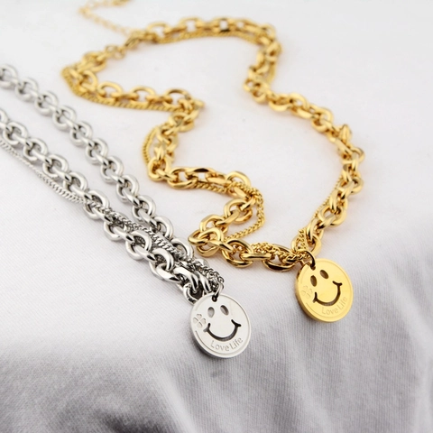 Collana In Acciaio Inossidabile Con Pendente Rotondo Faccina Sorridente Catena Doppia Grossa Love Life Incisa Gioielli Streetwear