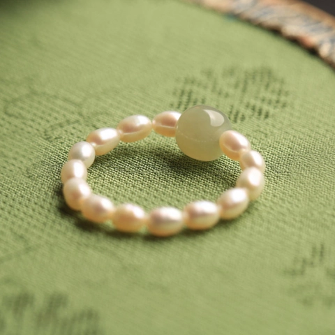 Vintage New Chinese Style 925 Sterling Silver Artificial Pearl Jade Ring Elegant Elastic Stretch Finger Ring For Women