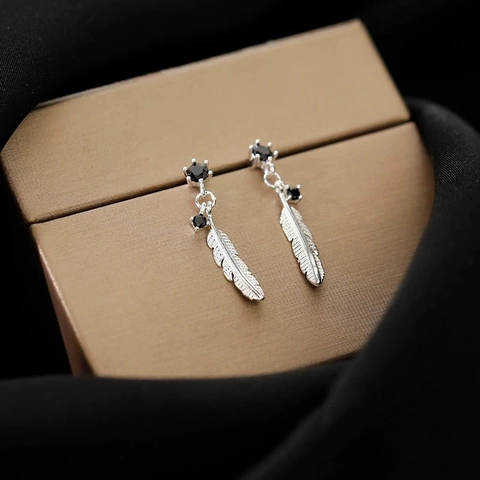 Vintage Feather Drop Earrings For Women With 925 Sterling Silver Post Black Rhinestone Minimalist Bohemian Jewelry Accessories