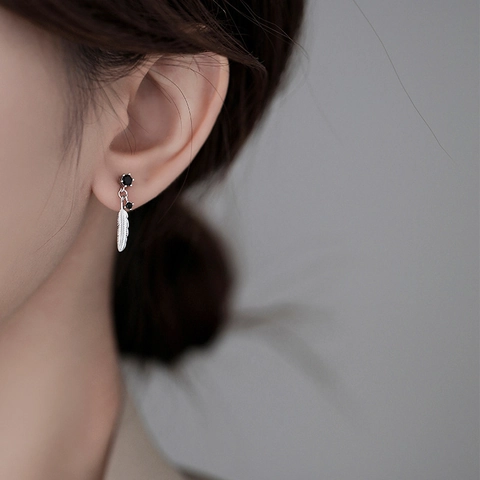 Vintage Feather Stud Earrings Black Zirconia S925 Sterling Silver Post Copper Earrings Elegant Jewelry For Women Party Gift