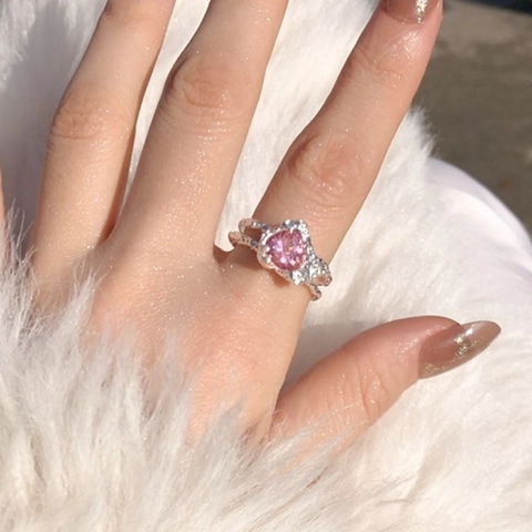 925 Sterlingsilber Rosa Herz Ring Für Damen Luxus Strass Eingelegt Offen Verstellbarer Ring Gehämmerte Lava Textur Schmuck